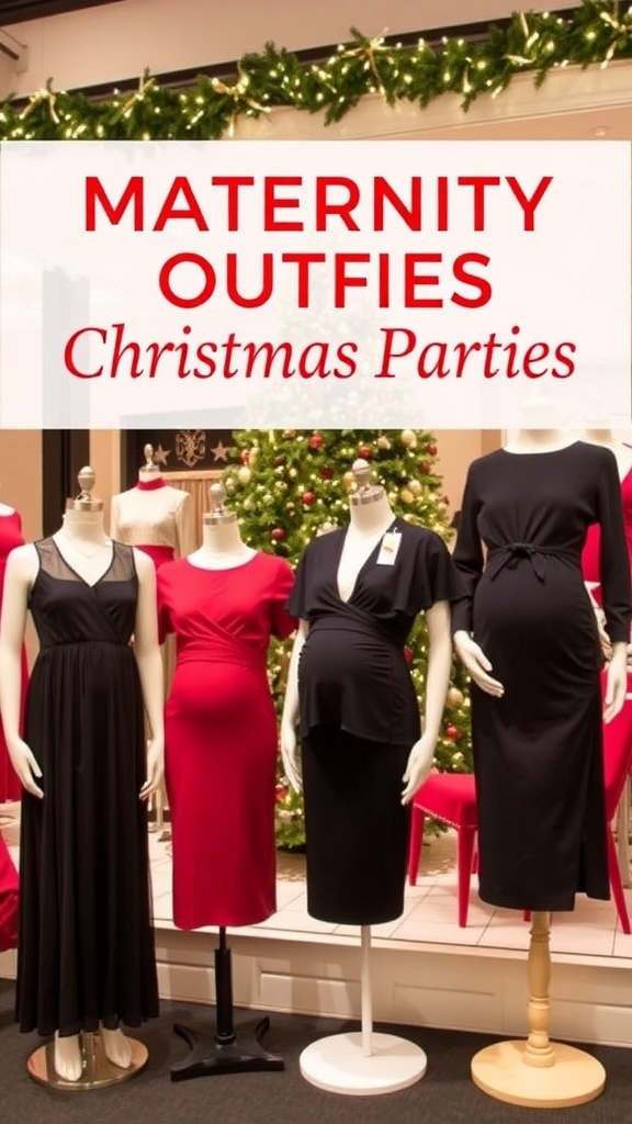 Stylish maternity outfits for Christmas parties displayed in a festive setting.
